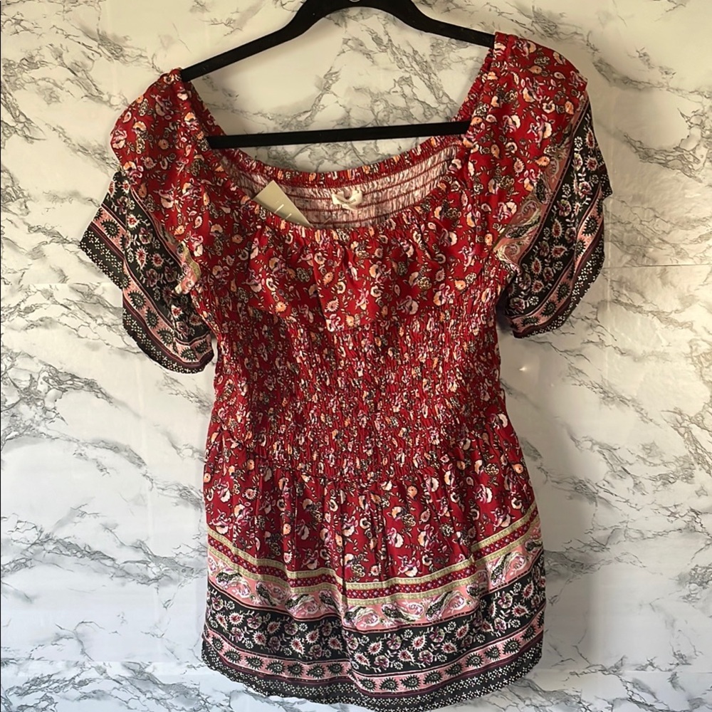 Maurices Red and Black Patterned Blouse